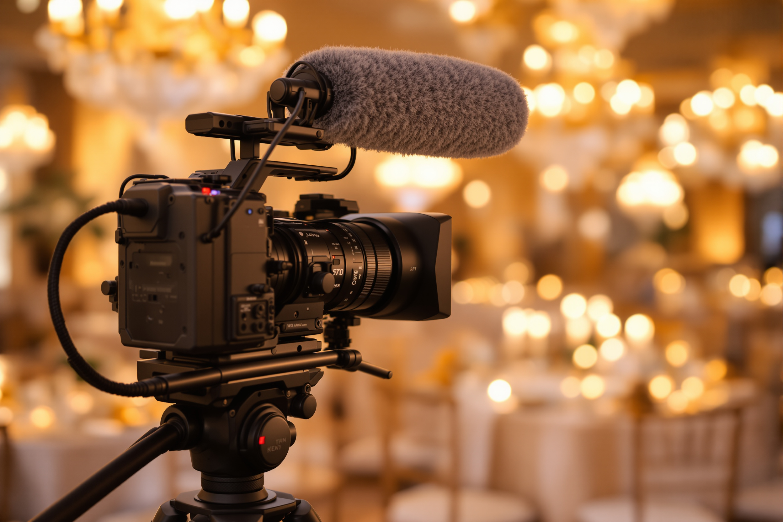 A professional wedding camera and microphone set up at a reception venue