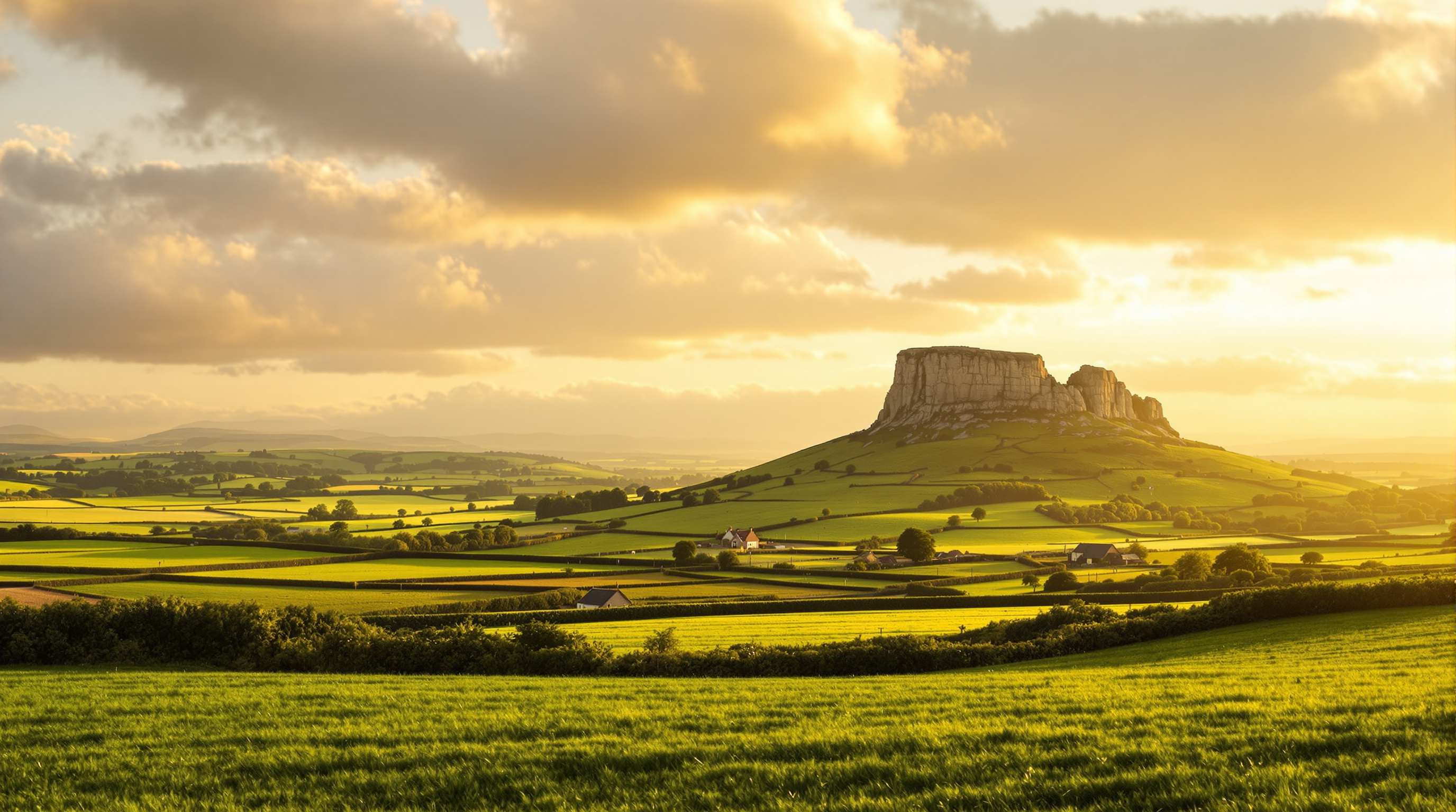 The Rock of Cashel above the green farmland of Tipperary’s Golden Vale at golden hour