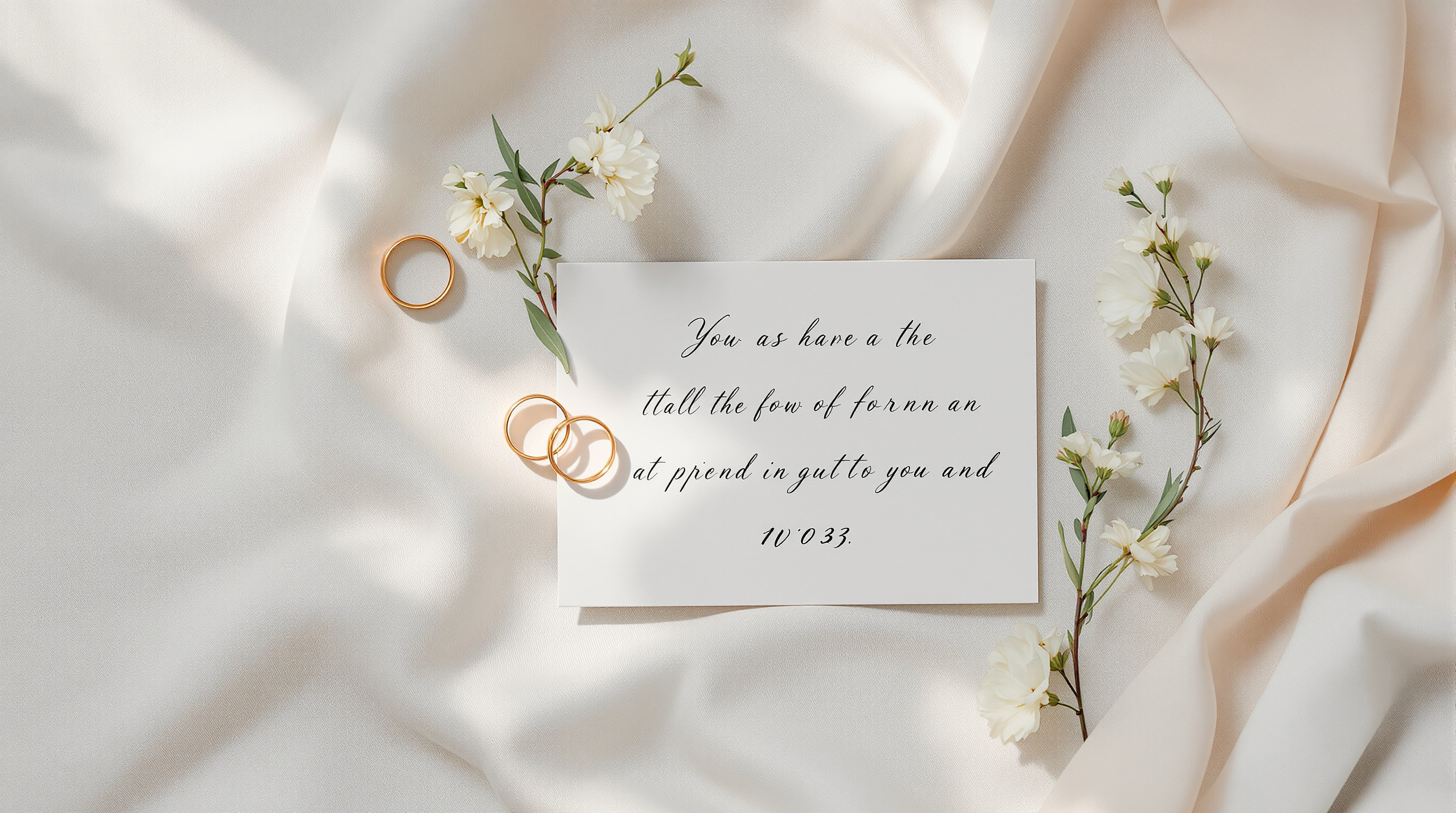 A flat-lay of wedding rings, a vow card and flowers in soft morning light