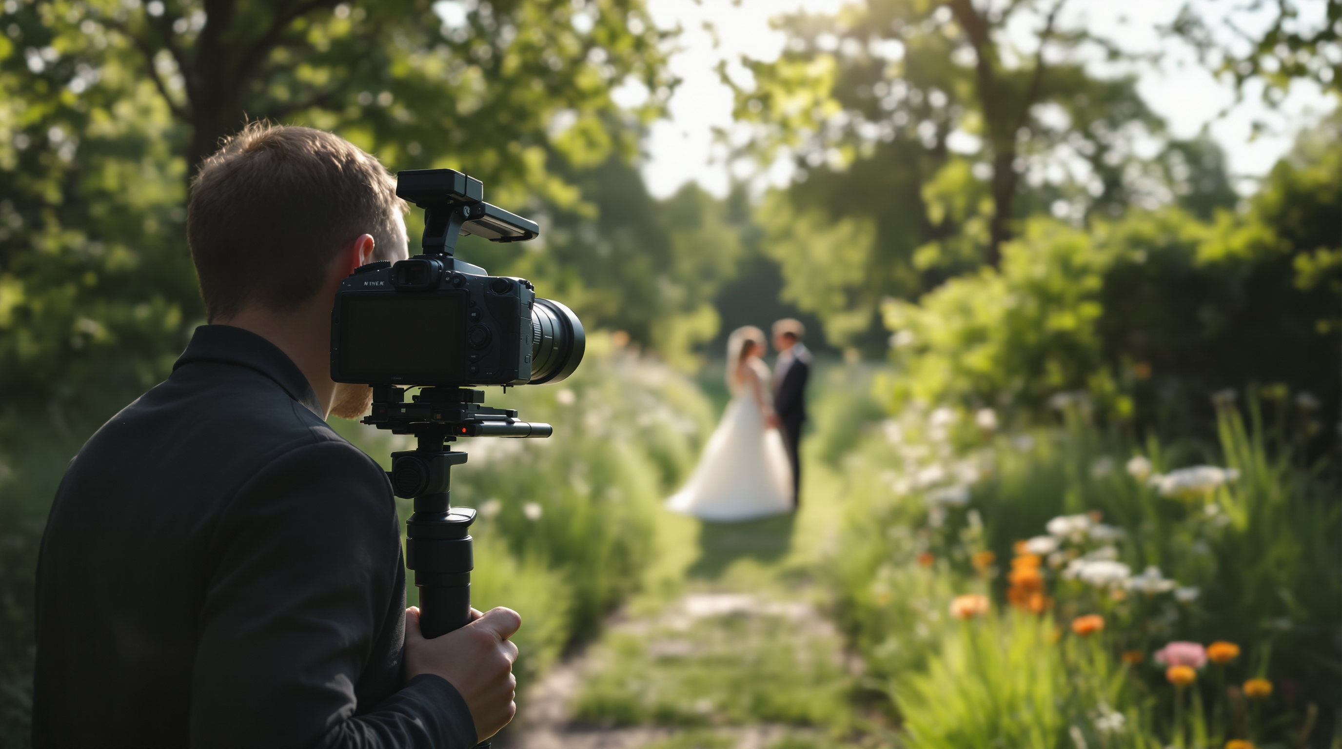A videographer filming a distant couple on a gimbal in an Irish garden