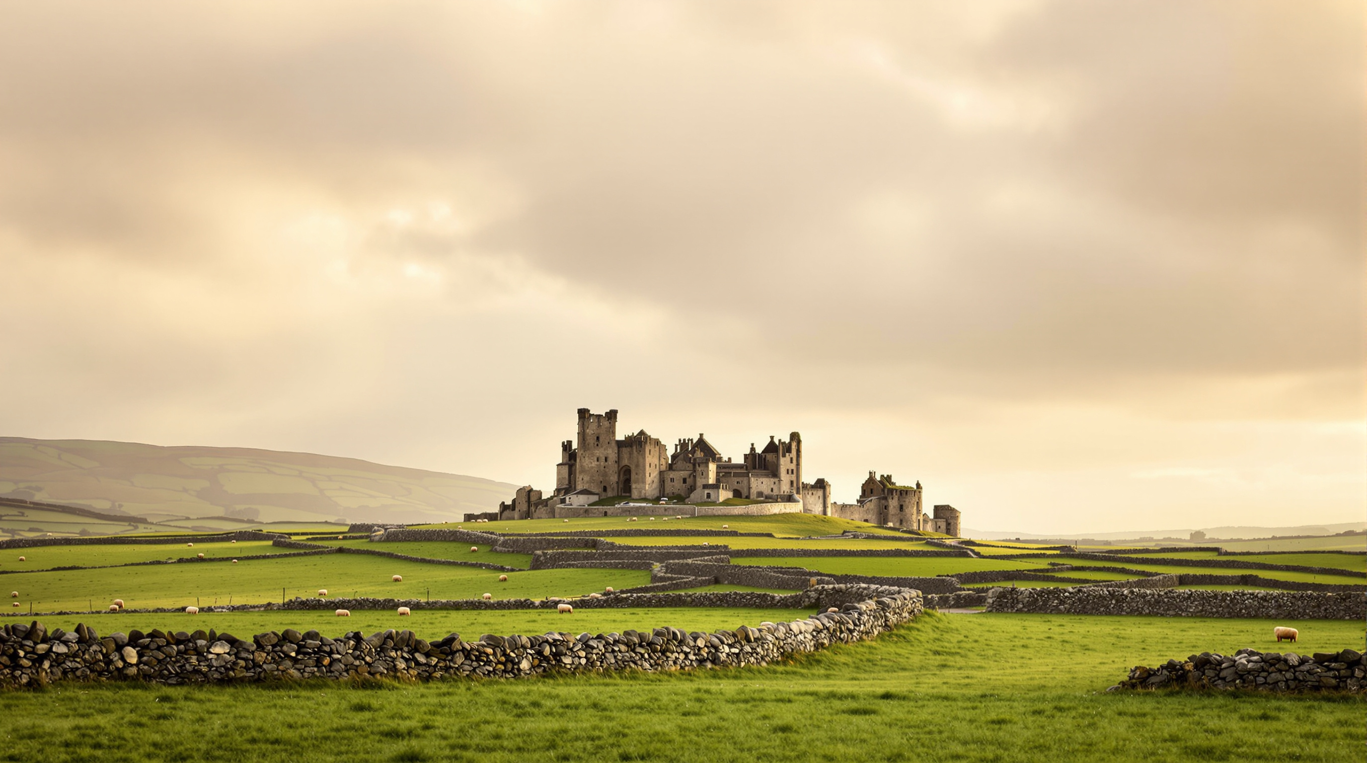 The Rock of Cashel viewed across green pasture in County Tipperary