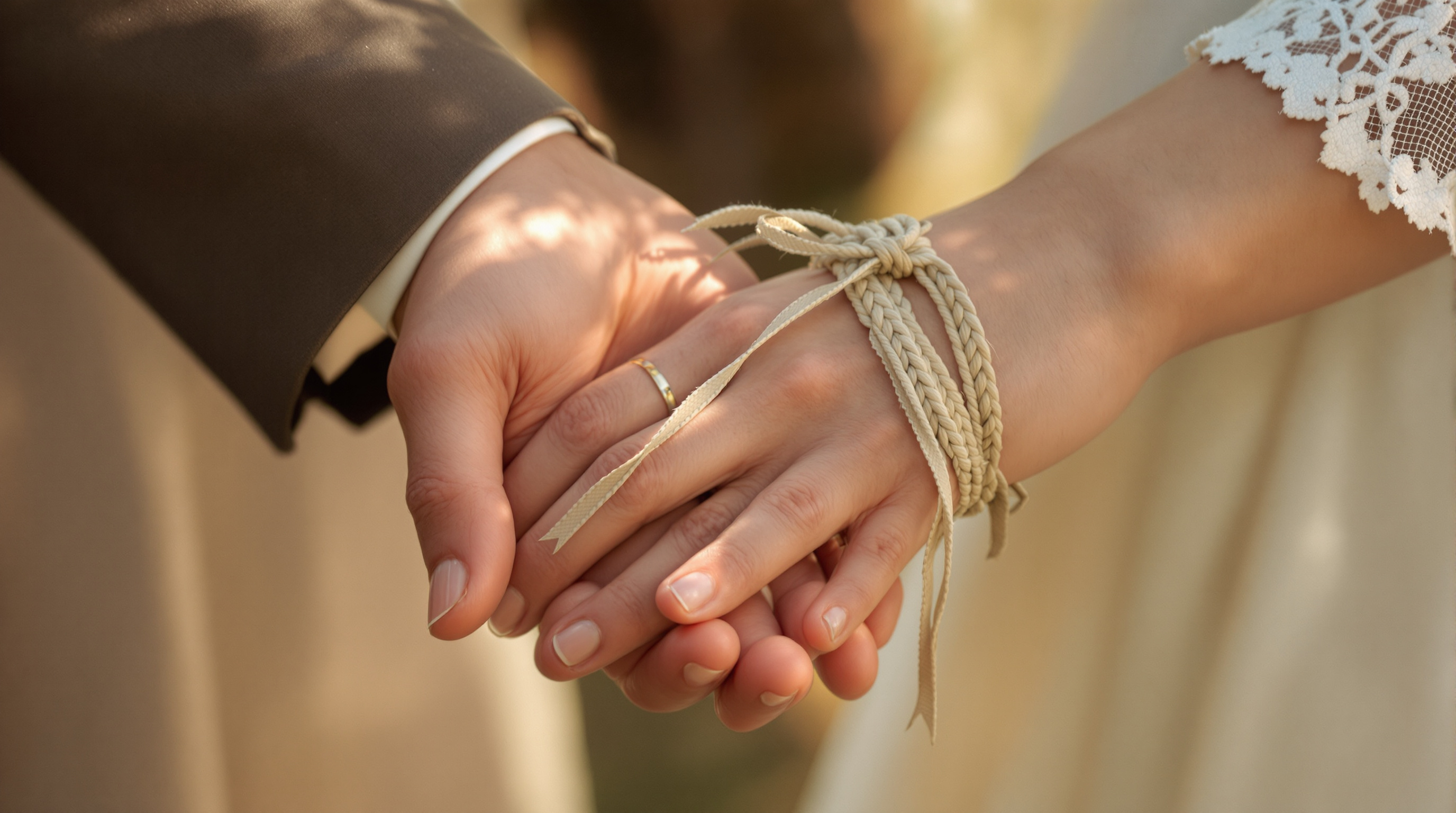 Two hands bound with a woven ribbon during a Celtic handfasting ritual