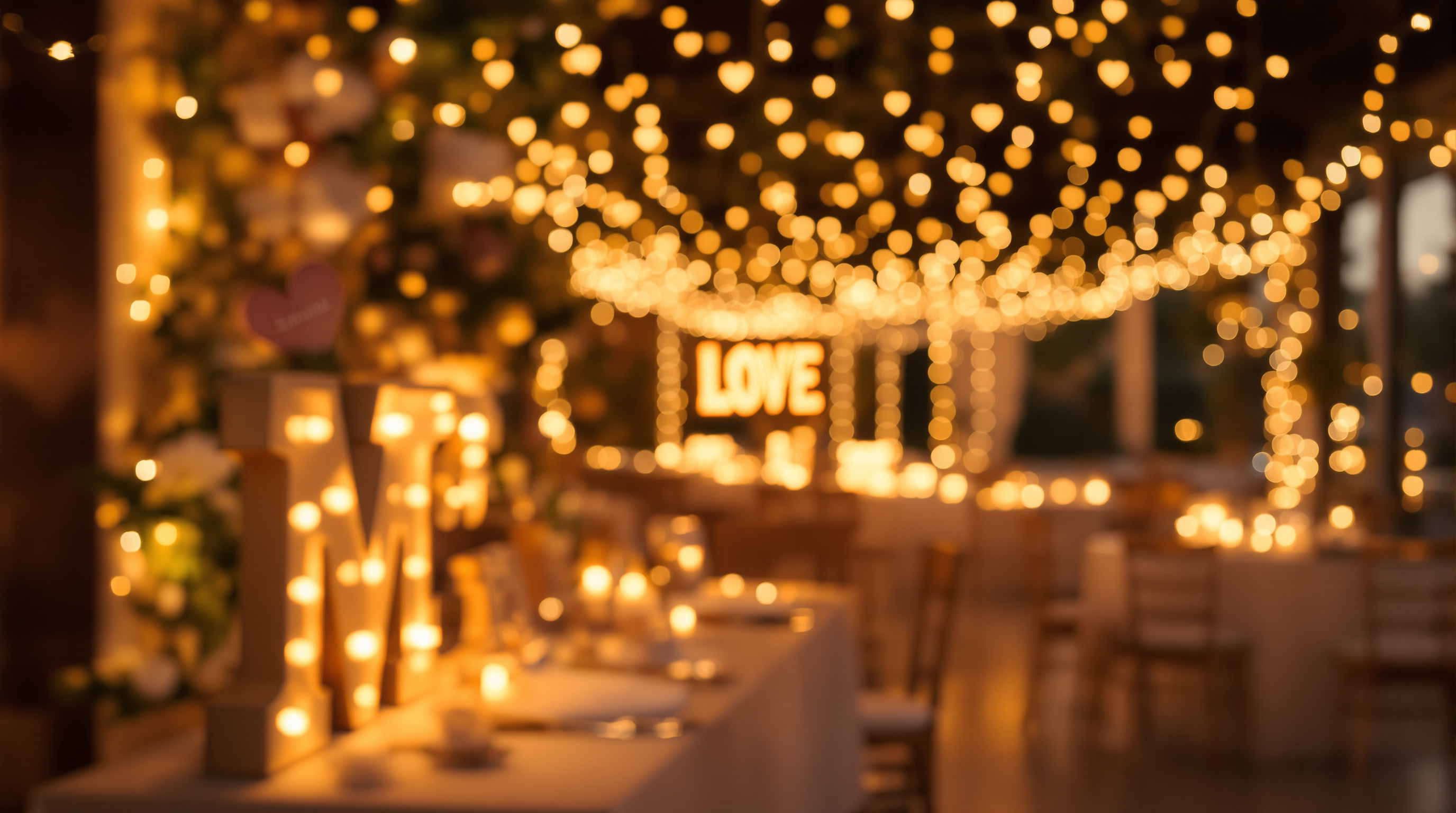 A wedding reception glowing with warm string lights and illuminated decor at night