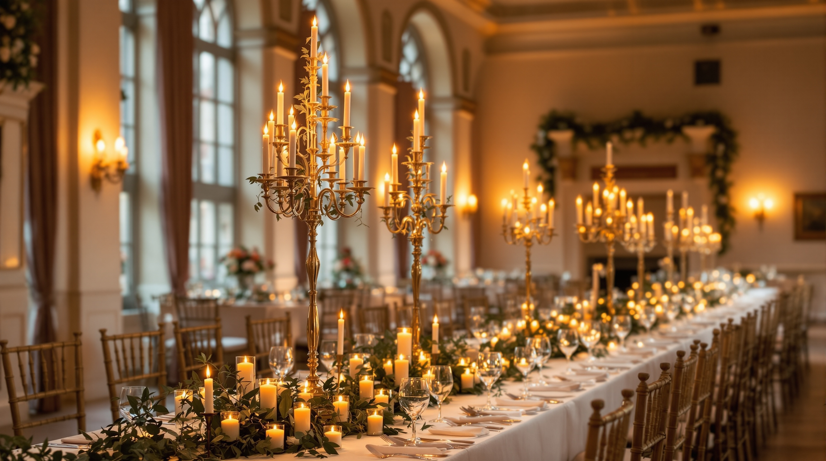 A candlelit wedding reception in an elegant Irish country-house hotel ballroom
