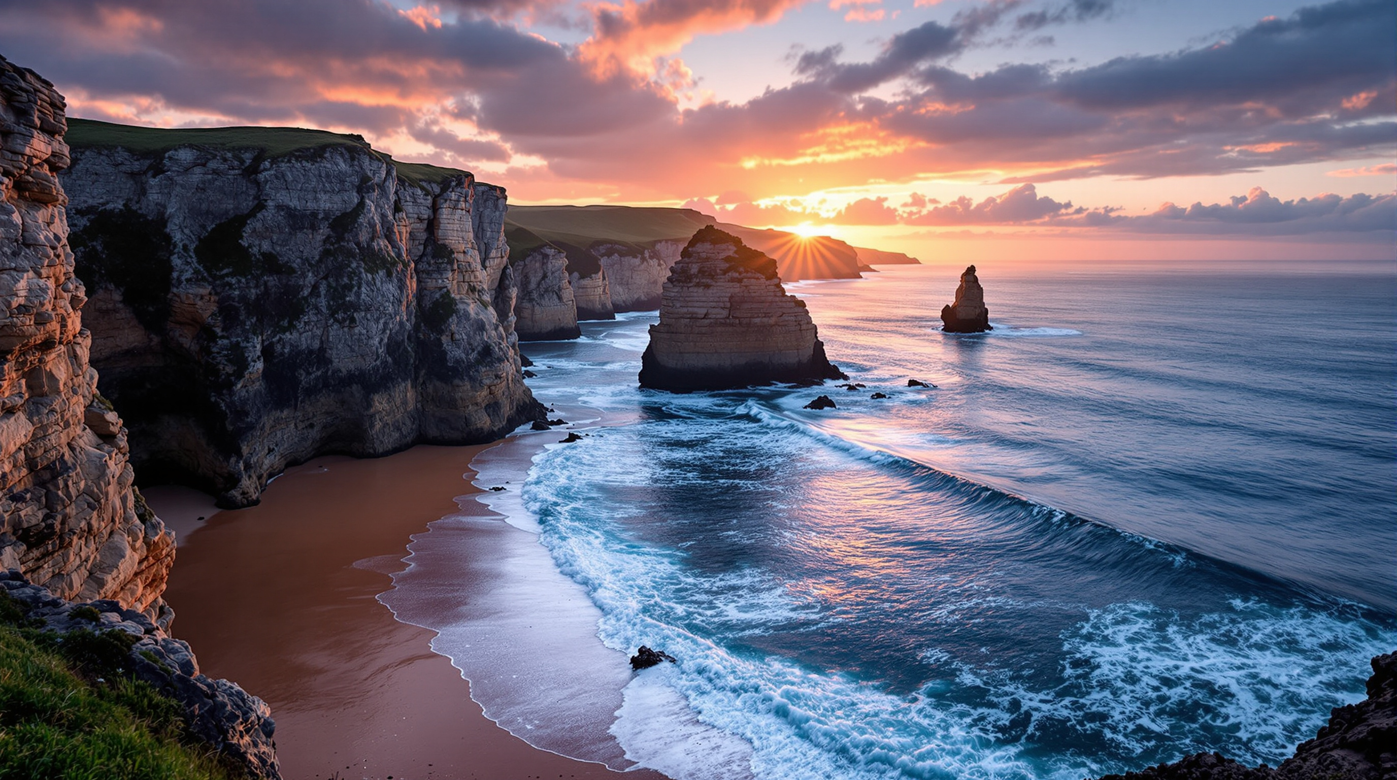 Sea cliffs and a golden cove on the Copper Coast of County Waterford at sunset